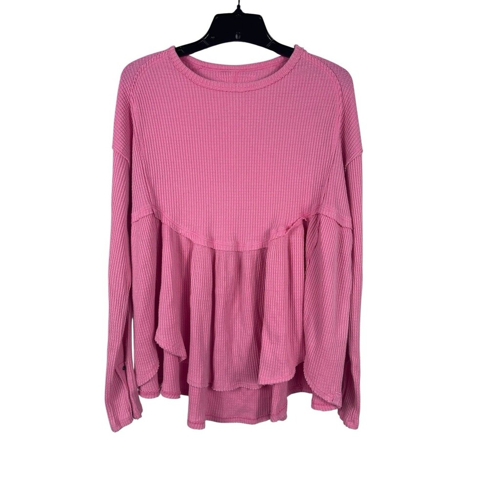 We The Free Pink Waffle Knit Peplum Top M Long Sleeve Thermal Babydoll Boho